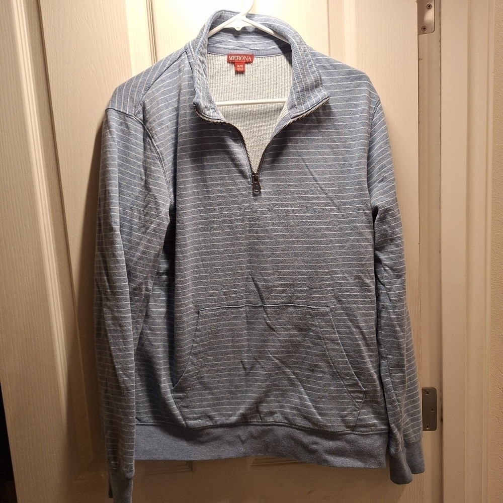 Mens Blue White Striped Sweatshirt Half Zip Medium